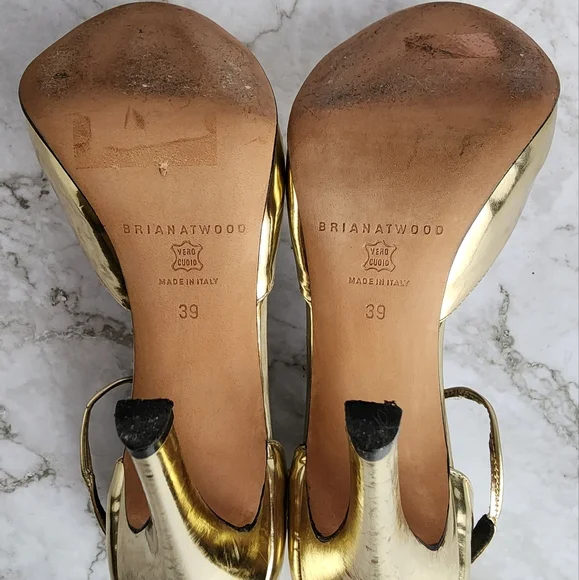 Brian Atwood. Gold Metallic Leather, T Strap Pumps Heels - Picture 4 of 16